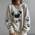 Comstylish Lovely Cute Pug And Paws Embroidery Art Loose Cozy Knit Sweater