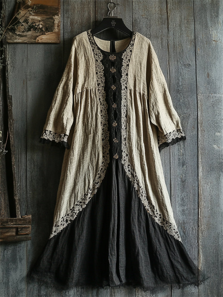 Vintage Lace Hem Contrast Linen Maxi Dress elevenforest
