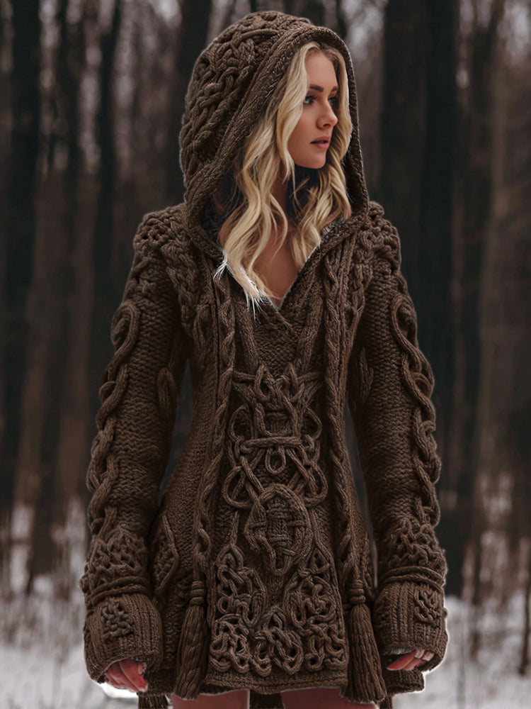 Women's Viking Celtic Knot Rune Knit Jacquard Warm Sweater Hooded Dress artswardrobe