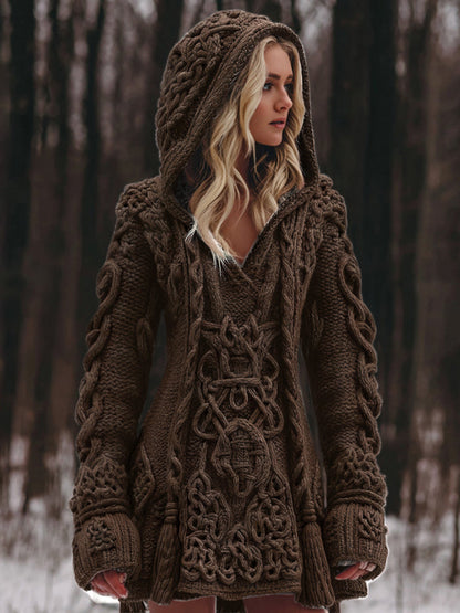 Women's Viking Celtic Knot Rune Knit Jacquard Warm Sweater Hooded Dress artswardrobe