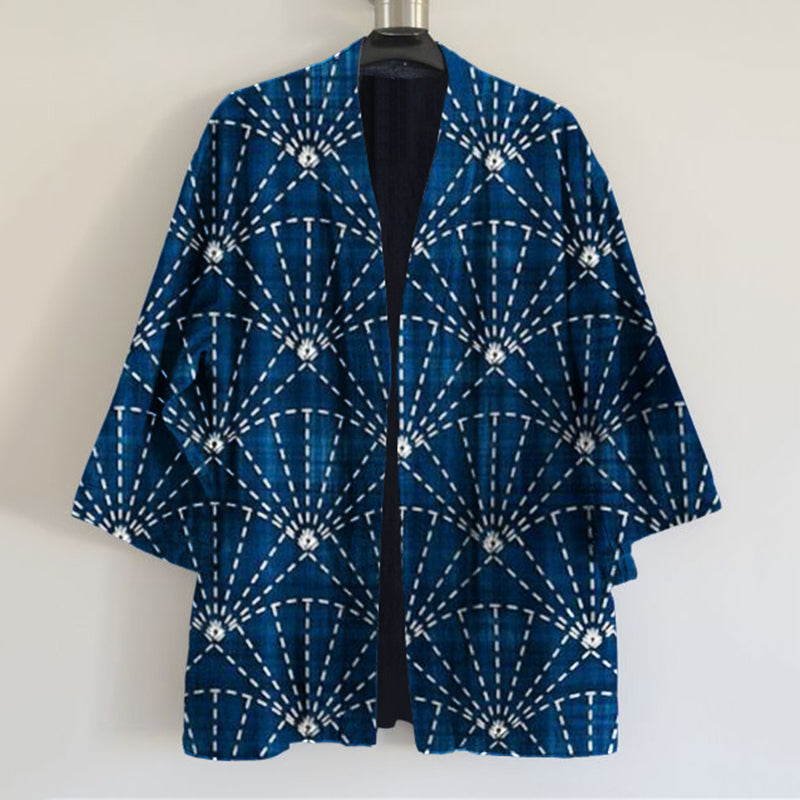 Vintage Japanese Traditional Sashiko Fan-Shaped Art Print Linen Blend Kimono Cardigan elevenforest