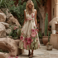 Women Vintage Floral Embroidery Art V Neck Linen Maxi Dress elevenforest