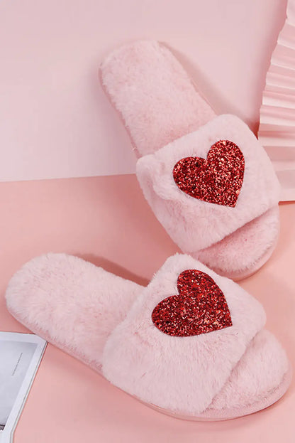 Pink Sequin Plush Heart Slippers