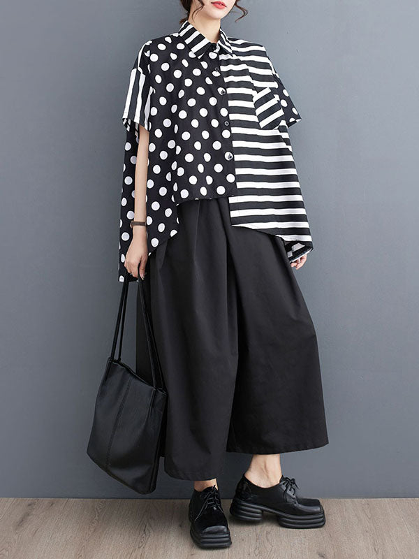 Loose Short Sleeves Buttoned Contrast Color Pockets Polka-dot Split-back Split-joint Striped Lapel Blouses&shirts Tops