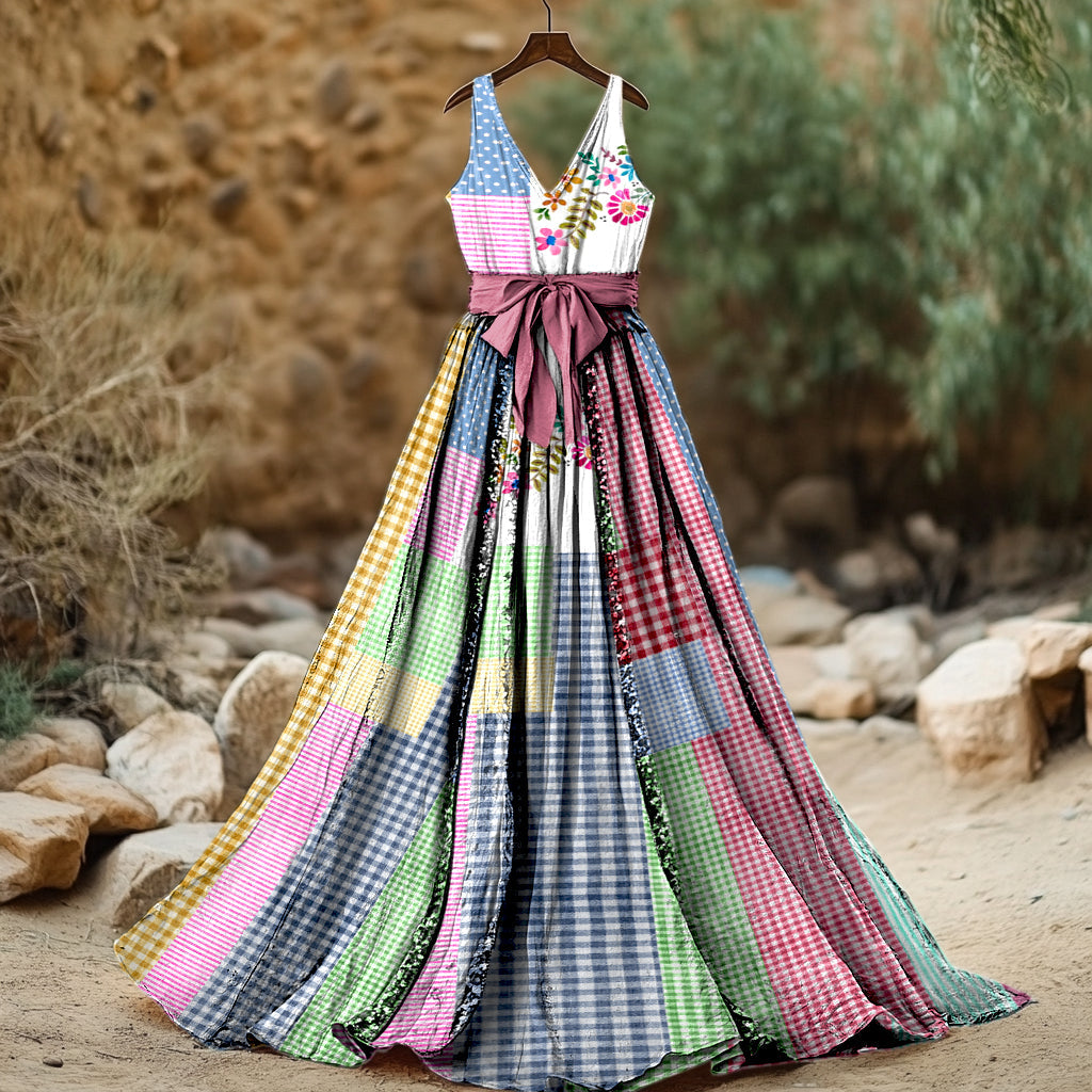 Women's Retro Plaid Pattern Floral Patch Art Sleeveless Linen Dress elevenforest