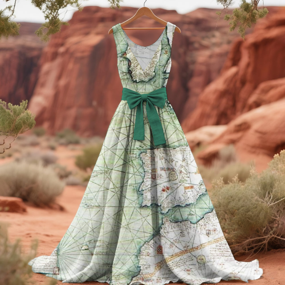 Vintage Medieval Nautical Map Women's Linen Maxi Dress elevenforest