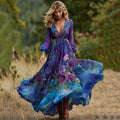 Vintage Classy Gradient Blue And Purple Lavender And Floral Embroidered Linen Maxi Dress elevenforest
