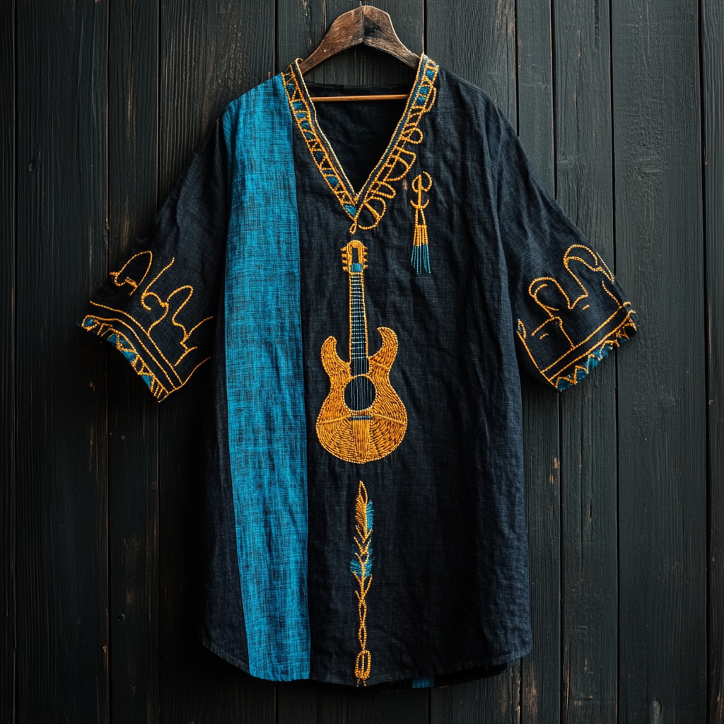 Men's Ancient Egyptian Abstract Guitar Stitching Comfortable Cotton And Linen T-shirt elevenforest