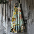 Vintage Floral Art Linen Blend Tank Midi Dress elevenforest