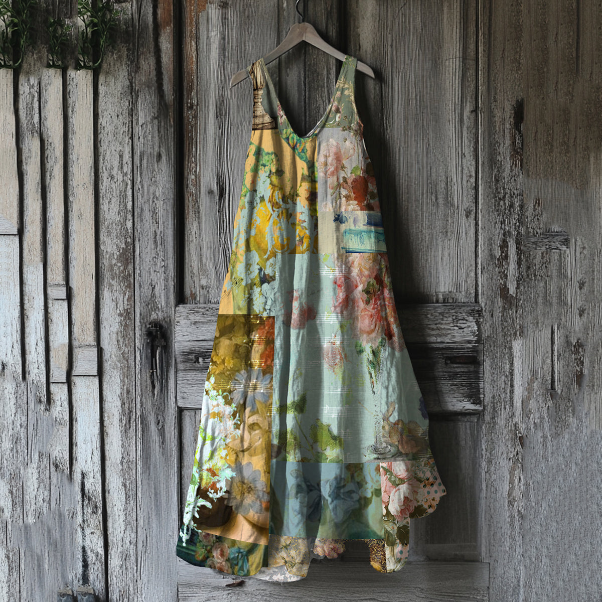 Vintage Floral Art Linen Blend Tank Midi Dress elevenforest
