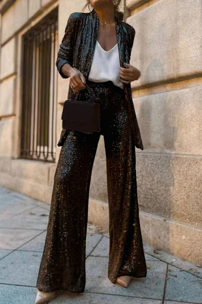 Street Sequins Cardigan Collar Long Sleeve Two Pieces