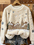 Comstylish Christmas Snow Scene Embroidery Women's Cozy Plush Sweater