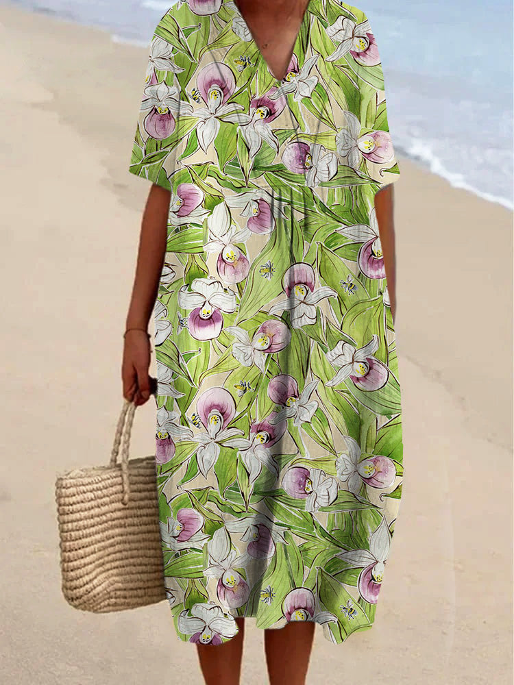 Elegant Ink Painting Flowers Printed Women's Casual Cotton And Linen