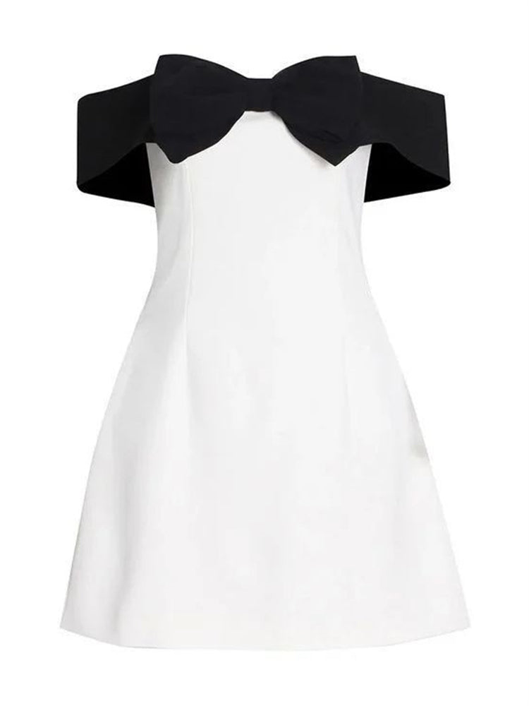 Taruxy Bow Splice Mini Dress for Slim High Waist Off Shoulders Dresses Femme Party Retro Wedding Dress Woman