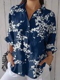 Women's Casual Vintage Blue Floral Art Print Shirt elevenforest
