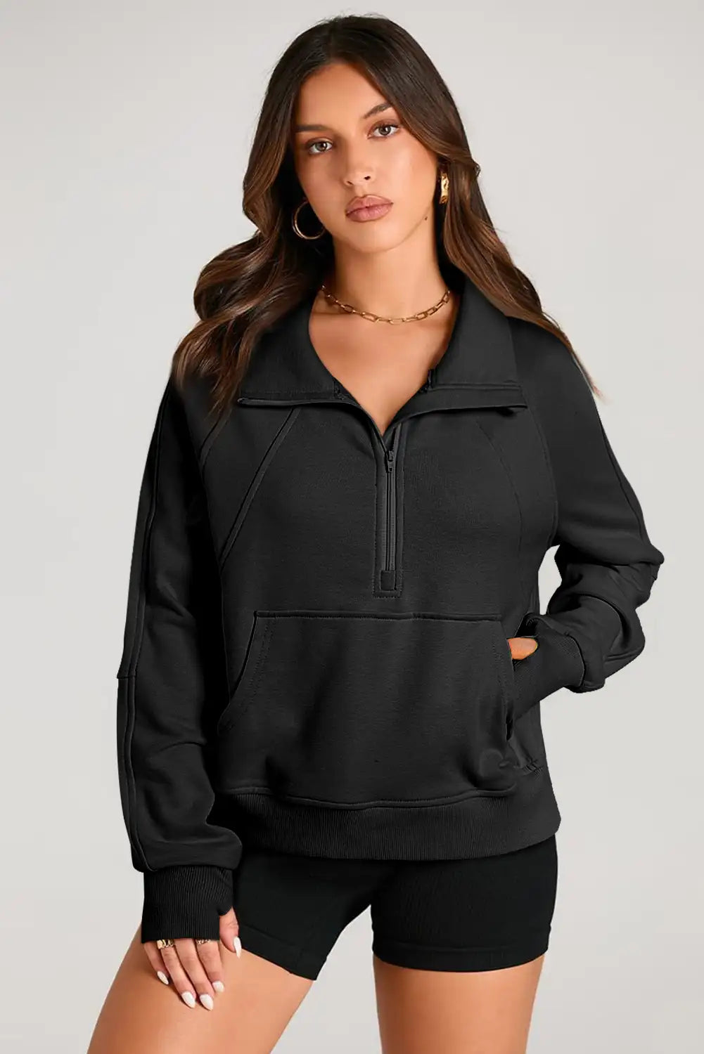 Black Stand Neck Zip Sweatshirt