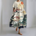 Comstylish Women's Japanese Art Ink Wash Floral Painting Print Midi Dress