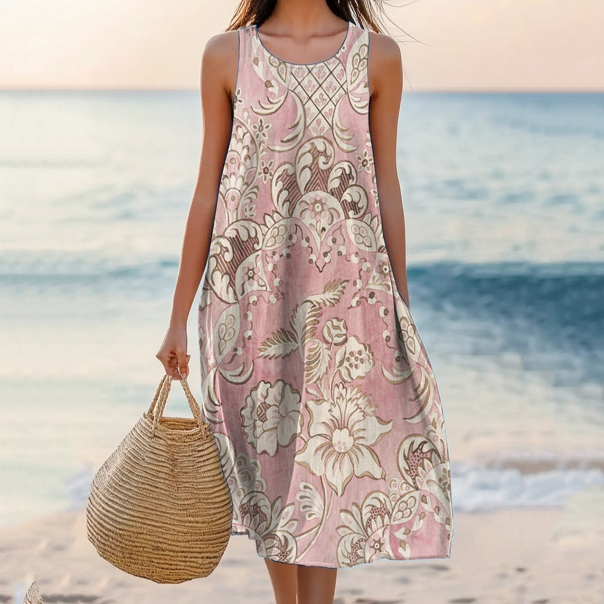 Women's Ethnic Floral Print Casual Round Neck Sleeveless Dress elevenforest