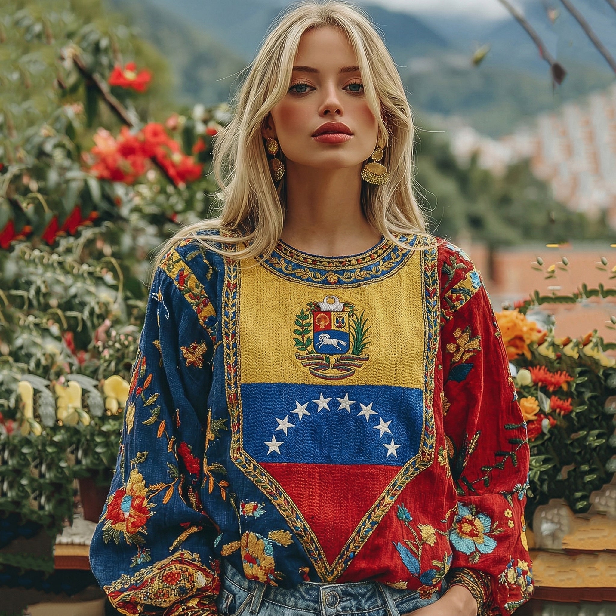 Women's Venezuela Flag Floral Art Linen Long Sleeve Tunic elevenforest
