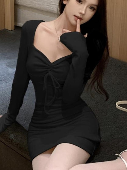 Y2k Knitted Dress Long Sleeve Bow Square Collar Autumn Spring Simple Mini Dresses Female Party Vestidos
