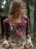 Bohemian Style Round Neck Long Sleeve 3d Purple Flower Design Women's Sweater elevenforest