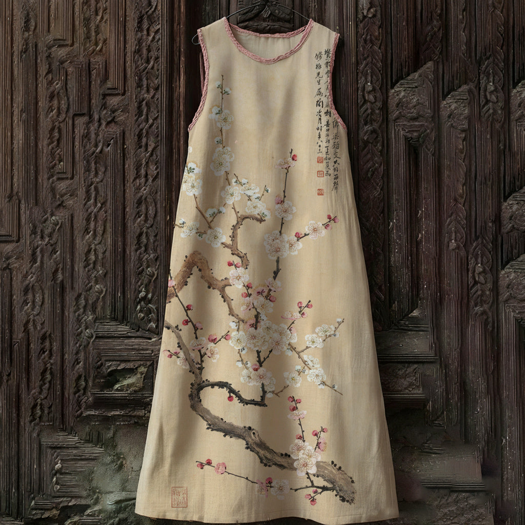 Comstylish Women's Floral Blossom Art Print Flowy Linen Blend Casual Sleeveless Midi Dress