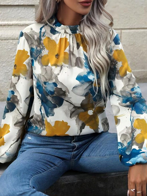 Long Sleeves Loose Elasticity Flower Print Pleated Mock Neck Blouses&shirts Tops