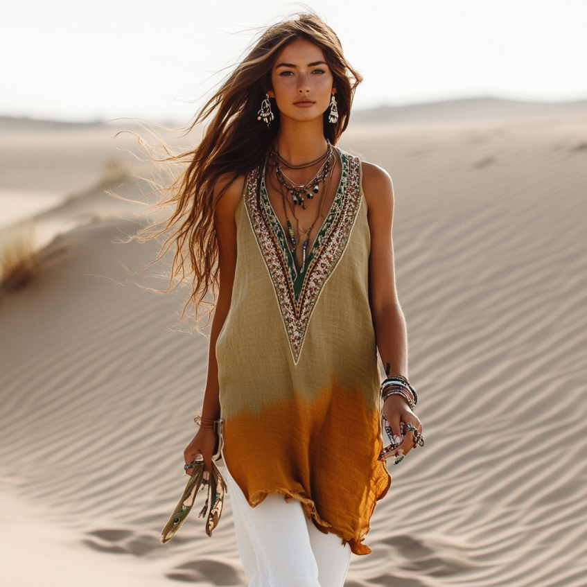 Women's Retro Loose Bohemia Ethnic Style Gradient Art  Linen Suspender Sleeveless Top elevenforest