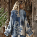 Retro Bohemian Floral With  Maple Leaf Art Embroidery Print Cotton And Linen Blend Kimono Cardigan elevenforest