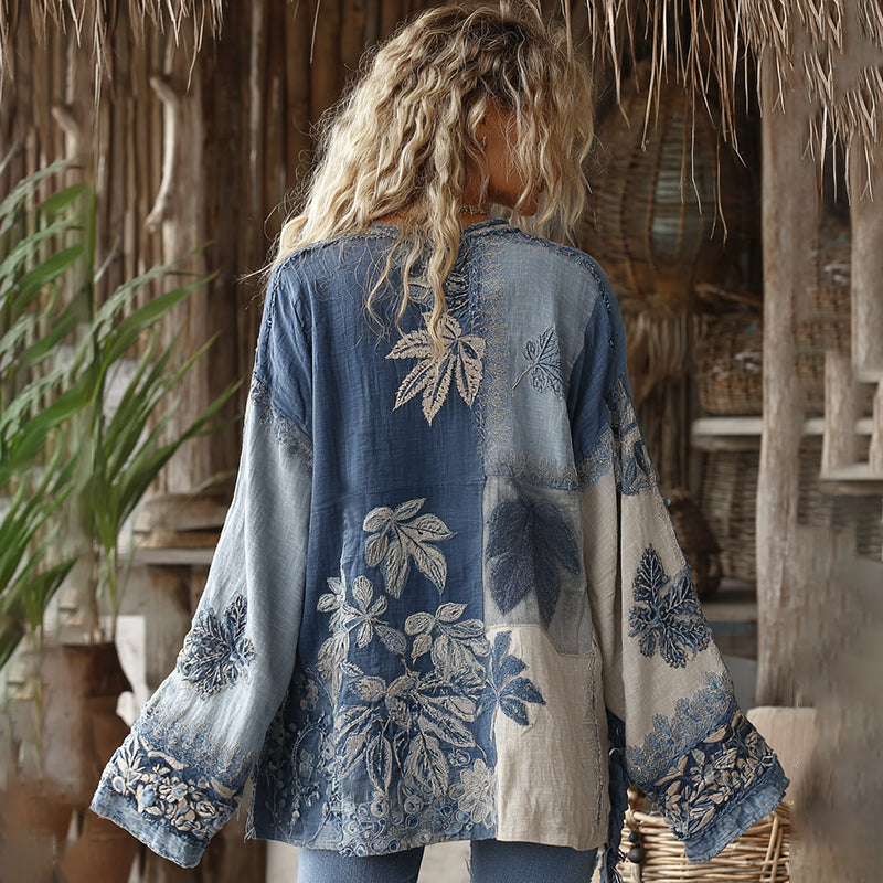 Retro Bohemian Floral With  Maple Leaf Art Embroidery Print Cotton And Linen Blend Kimono Cardigan elevenforest