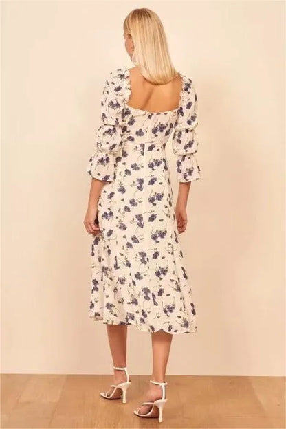 Square Collar Lace Up Slit Midi Dress