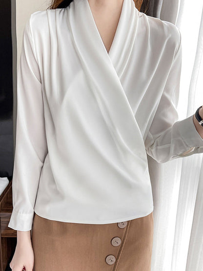 Long Sleeves Loose Buttoned Color V-neck Blouses&shirts Tops