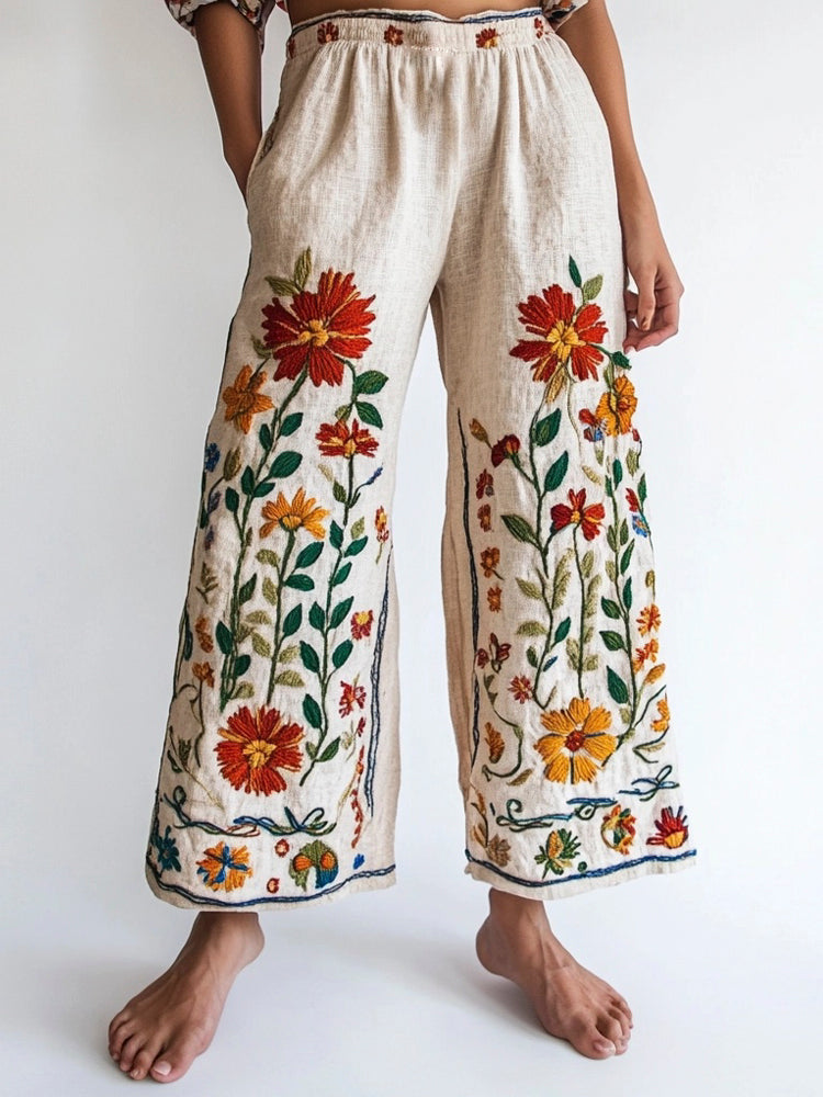 Bohemian Ethnic Floral Embroidery Women's Linen Trouser elevenforest