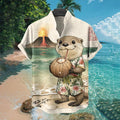 Men's Cute Otter Drinking Coconut Juice Print Short Sleeve Shirt elevenforest