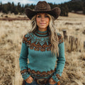 Women's Vintage Western Geometric Art Print Knit Turtleneck Sweater elevenforest