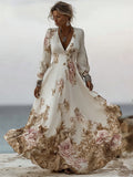 Classy Vintage Roses Print V Neck Flowy Maxi Linen Dress elevenforest
