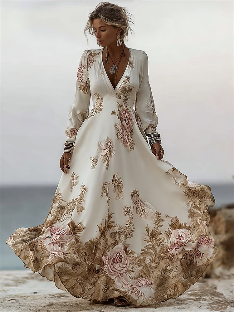 Classy Vintage Roses Print V Neck Flowy Maxi Linen Dress elevenforest