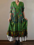 Women's Floral Art Print V-Neck Pocket Cotton Dress