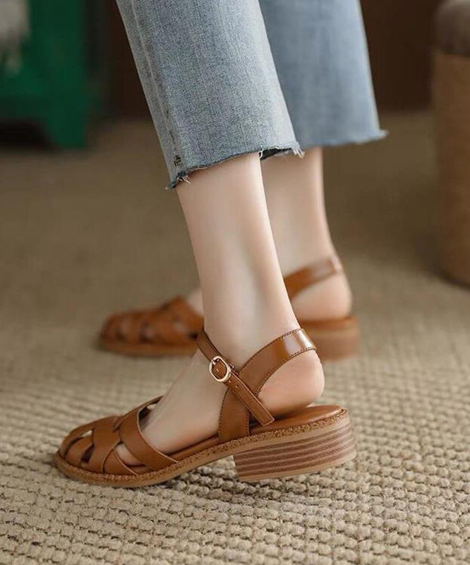 Unique Splicing Chunky Sandals Brown Faux Leather Hollow Out Oi040