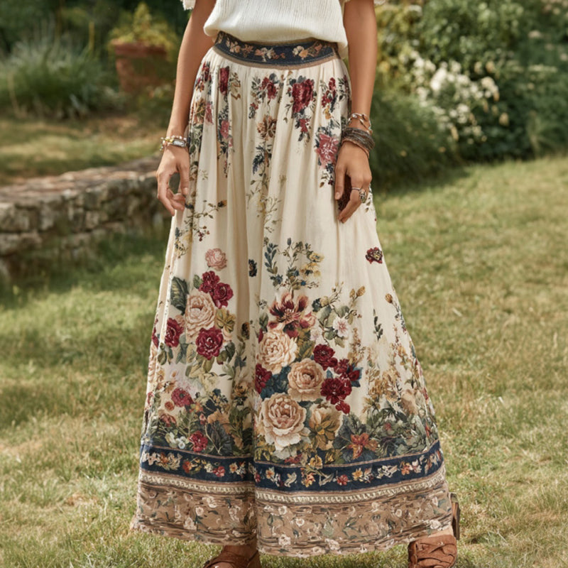 Women's Vintage Floral Linen Midi Skirt elevenforest