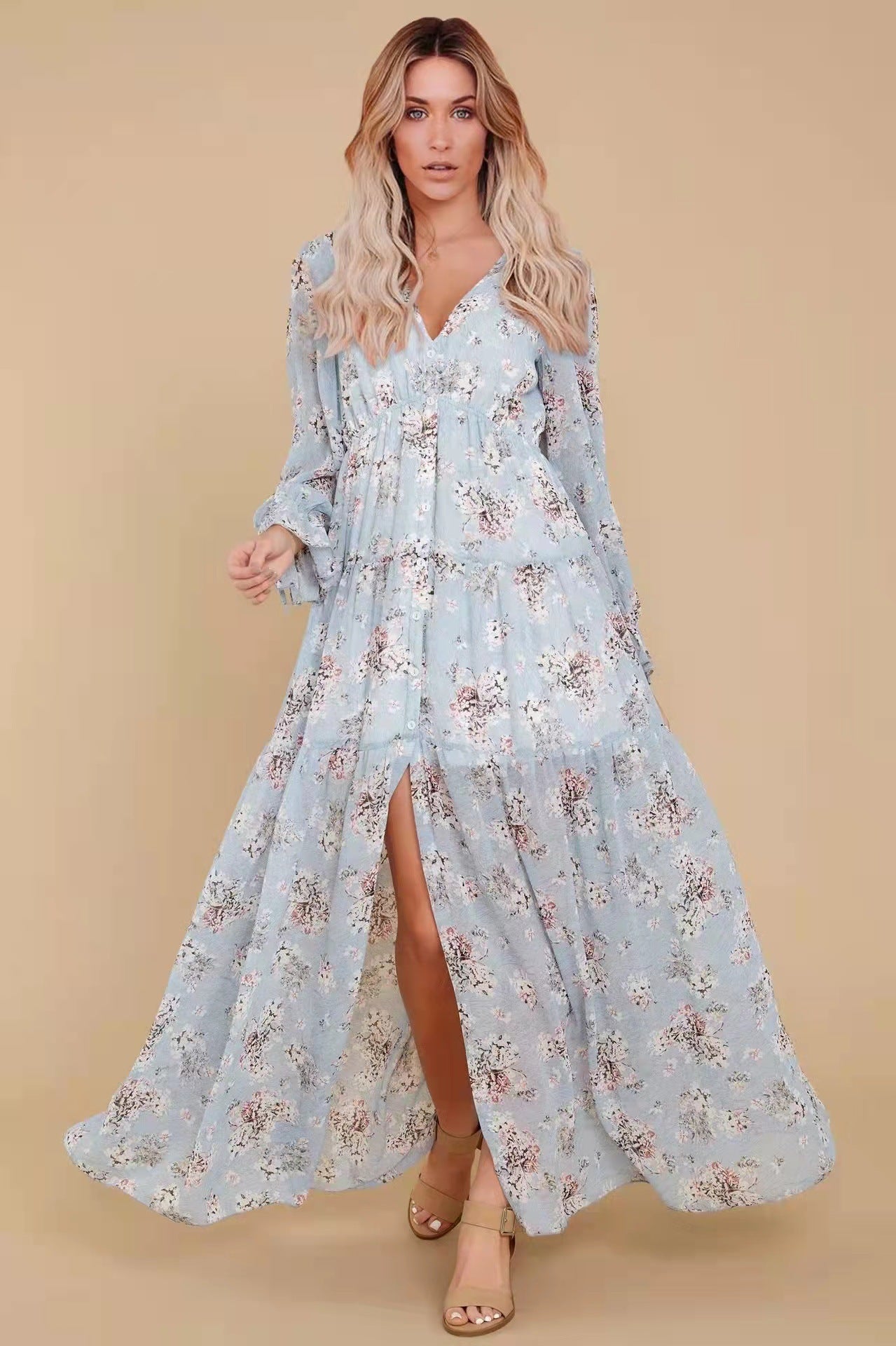 Puff Sleeve V-neck Ruffle Hem Maxi Dress