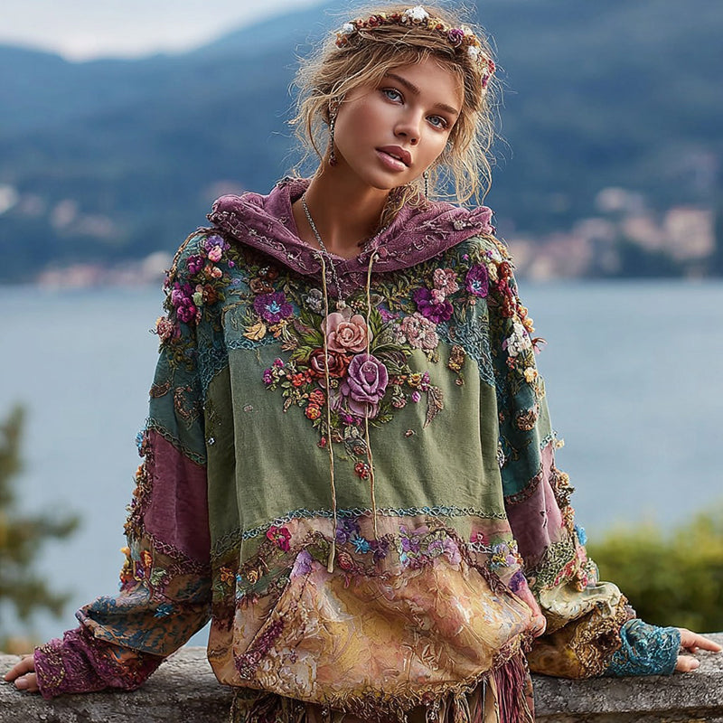 Women's Vintage Floral Patchwork Cozy Warm Hoodie elevenforest