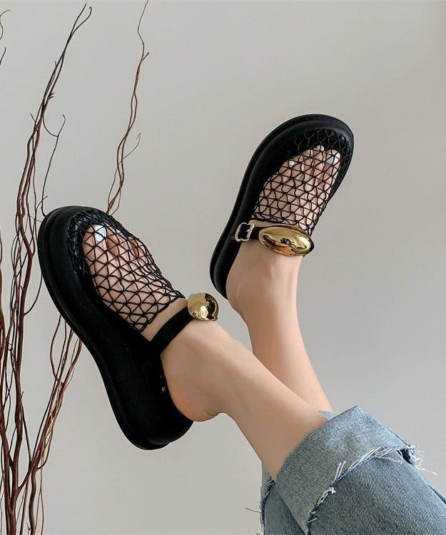 Black Hollow Out Breathable Mesh Platform Slide Sandals Oi075