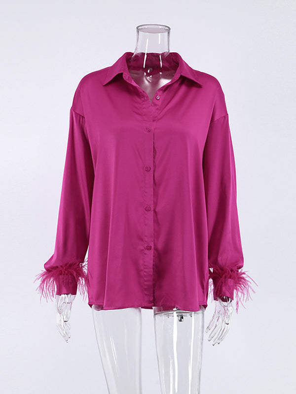 Loose Wrap Feathers Color Split-joint Lapel Collar Blouses&shirts Tops