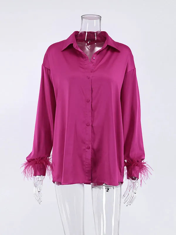 Loose Wrap Feathers Color Split-joint Lapel Collar Blouses&shirts Tops