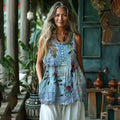 Vintage Floral Print Sleeveless Linen Blend Tank Top elevenforest