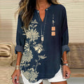 Comstylish Vintage Chrysanthemum Print V-Neck Long Sleeved Casual Blouse