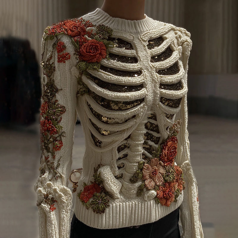 Comstylish Women's Vintage Skeleton And Rose Art Cozy Sweater