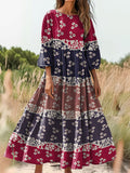 Women's Floral Contrast Print Flowy Crew Neck Pocket Cotton Dress
