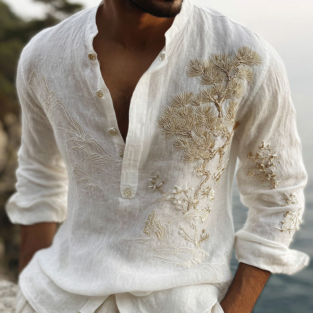 Men's Japanese Cherry Blossom And Pine Tree Casual Linen Shirt elevenforest